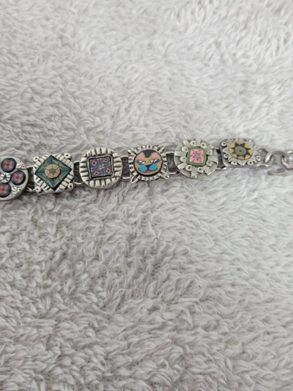 Vintage Artisan Polymer Clay Millefiori Link Bracelet Mixed Media Boho B16E